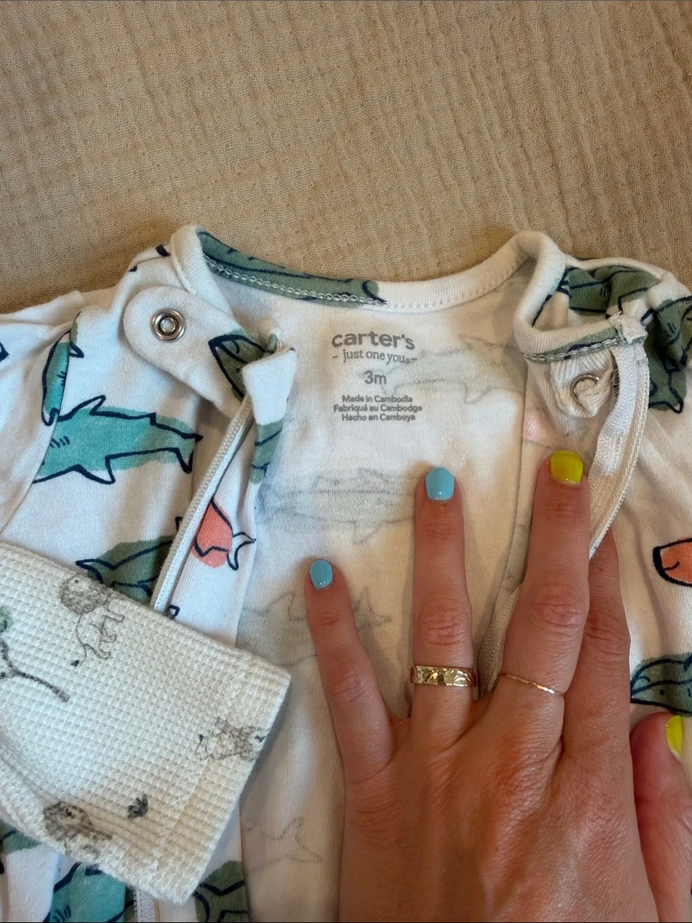 Carter’s White and Teal Baby One-Piece Pajamas Set with Lion and Shark Prints